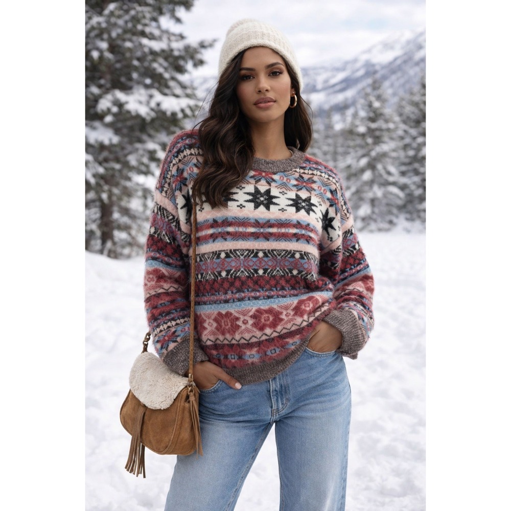 CIDER Fair Isle Sweater Womens M Multicolor‎ Faux Fur Soft Cozy Boho Soft